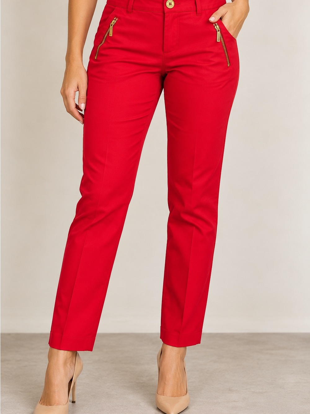 Michael Kors Women’s Size 8 Red Straight Leg Pants Gold Zip Pockets